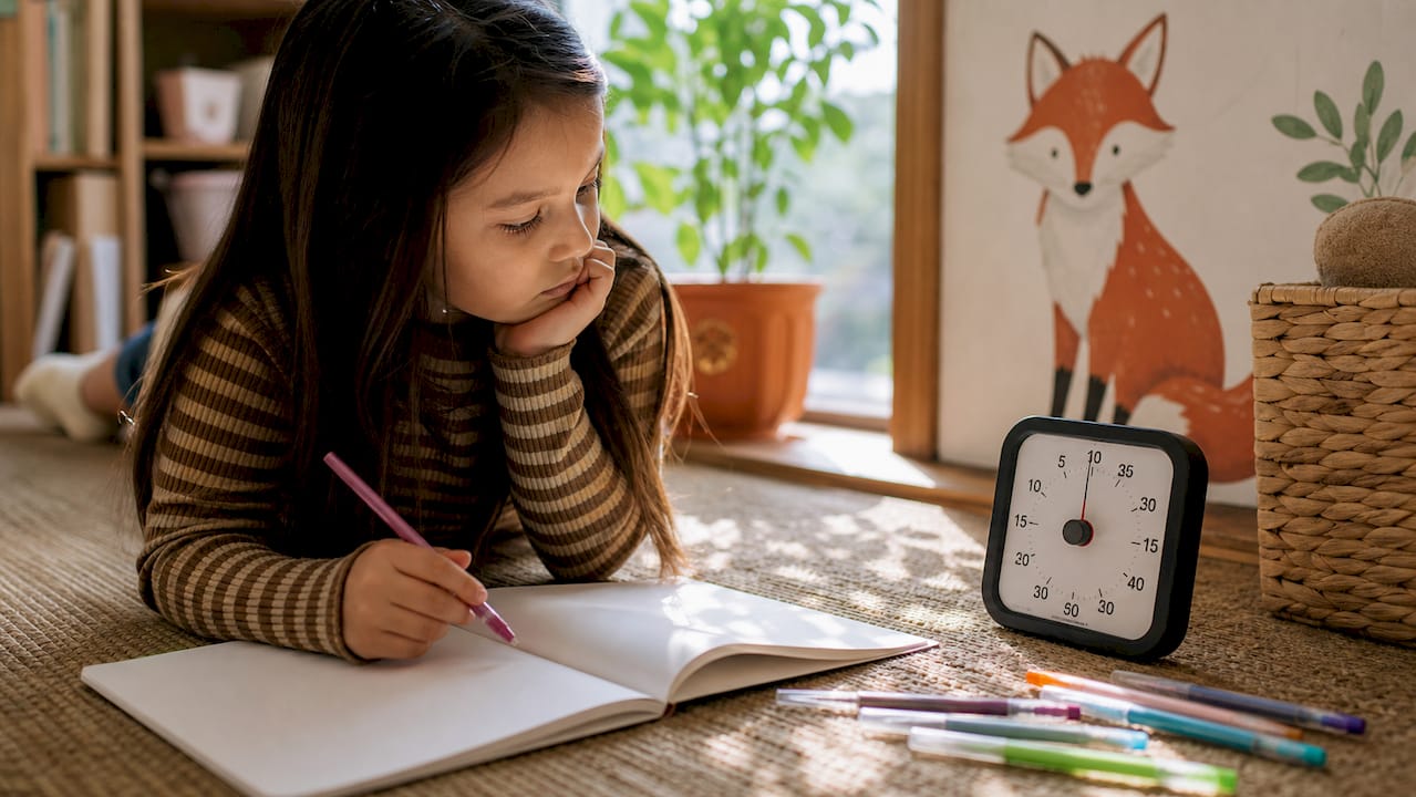 Child timing practice exam at home desk