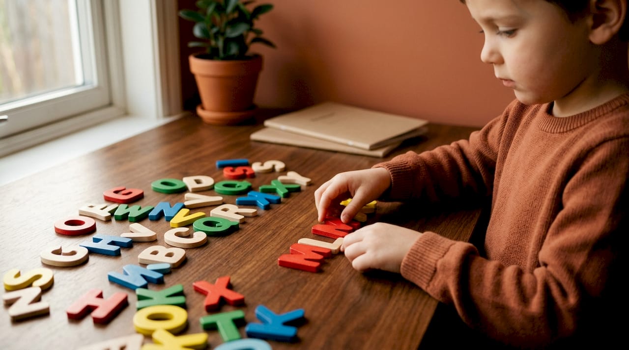 Des petites mains d’enfant manipulent des lettres pour former des mots.