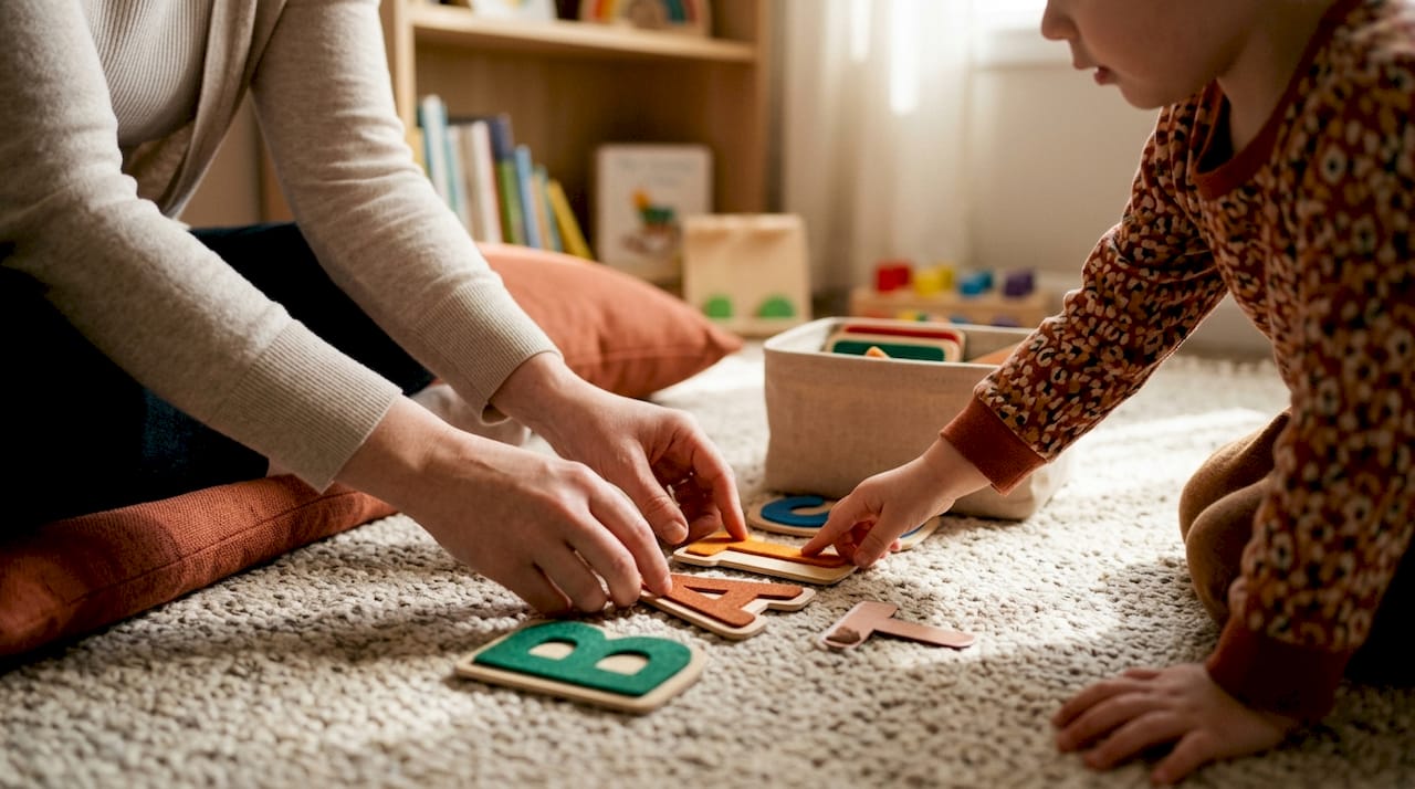 Une orthophoniste accompagne un enfant dans l’apprentissage des lettres à l’aide de cartes ludiques.
