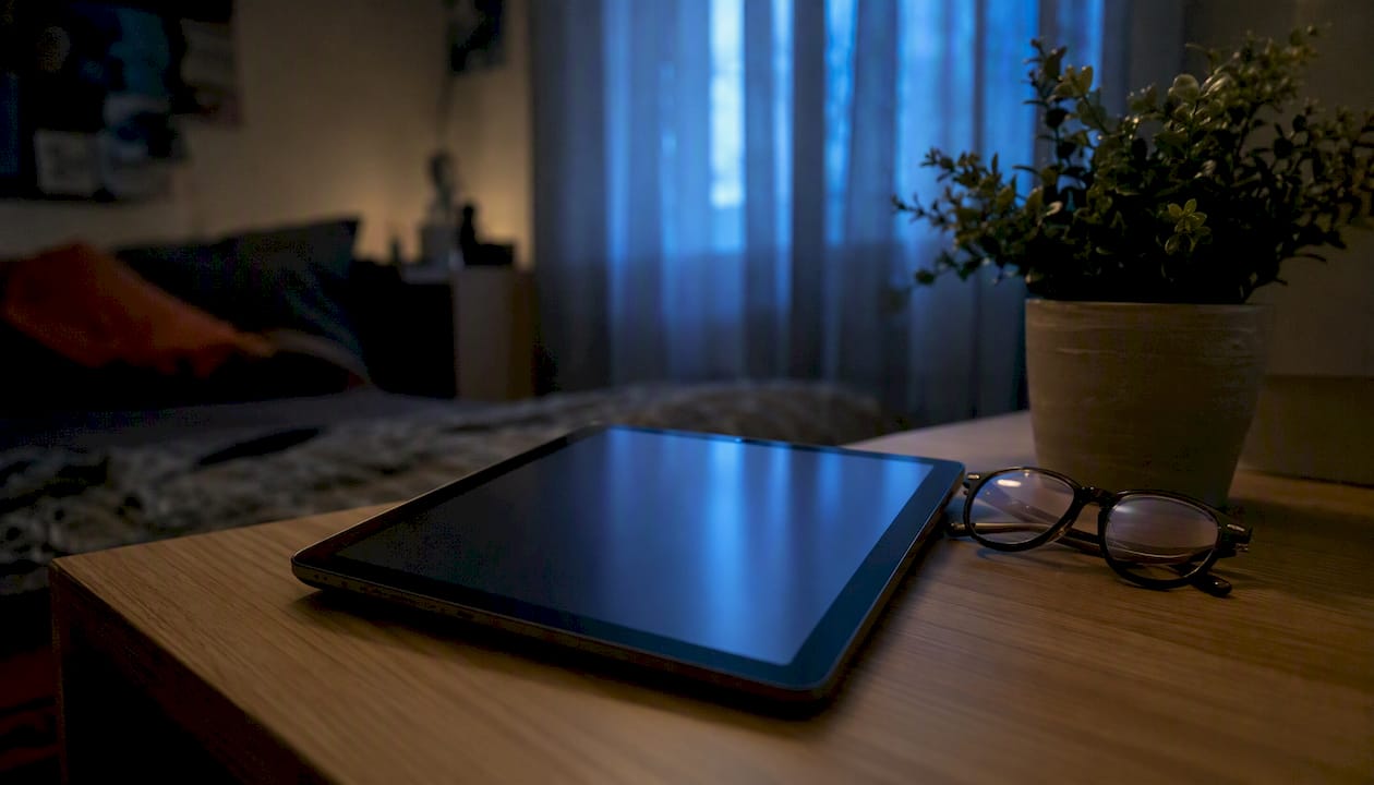Écran de tablette reflétant une lumière bleutée