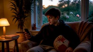 Un adolescent, plongé dans la lumière tamisée du soir, les yeux rivés sur son smartphone.