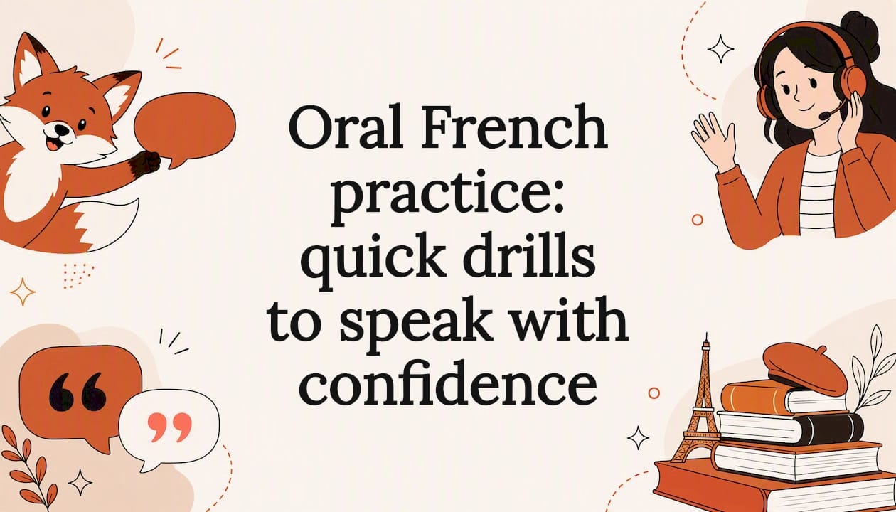 Decorative title card illustration for oral French practice article