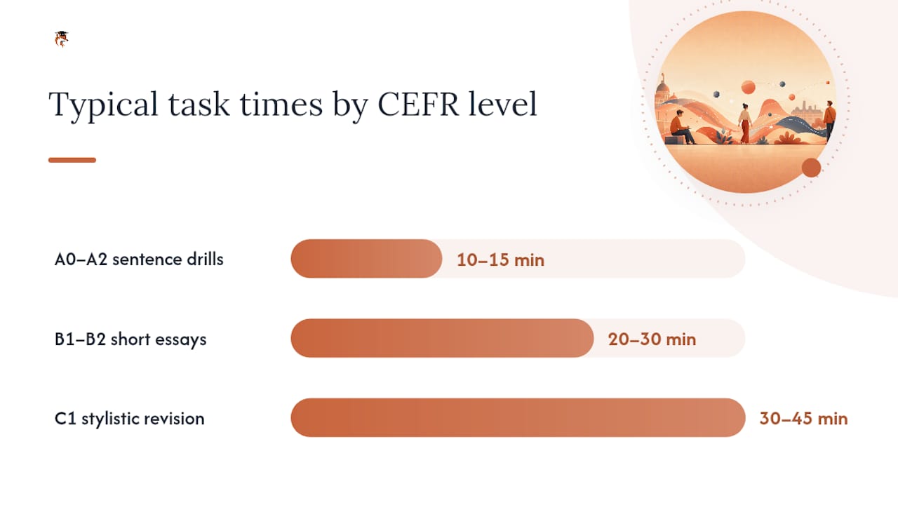 Infographic of CEFR levels with core writing tasks and durations