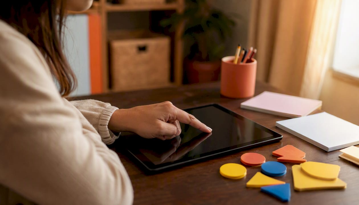Une main manipule une tablette entourée d’outils pédagogiques.