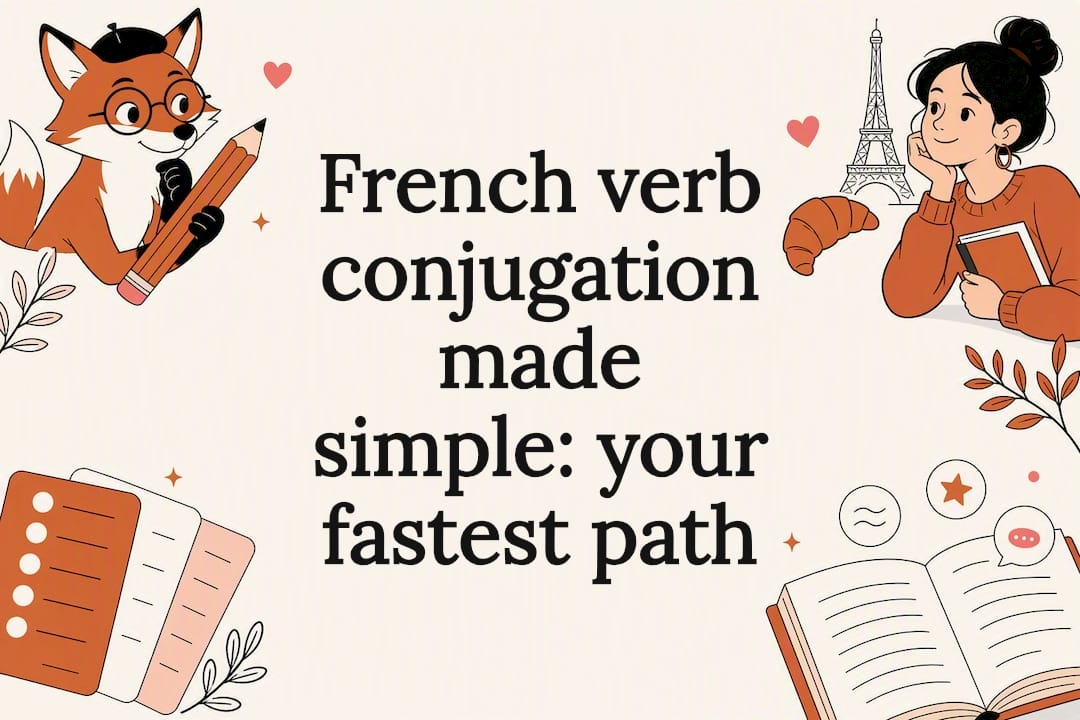 Decorative title card with French verb icons and fox illustration