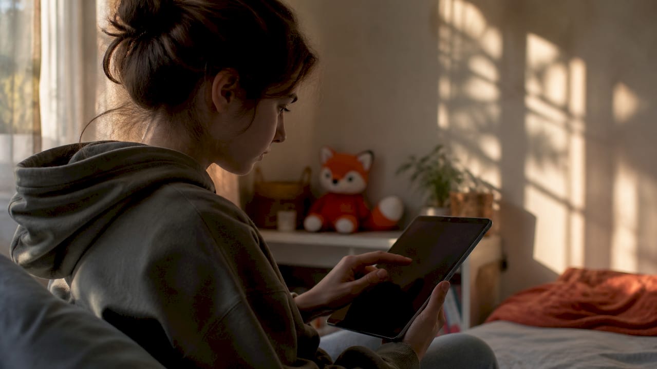 Student practicing French verbs on tablet