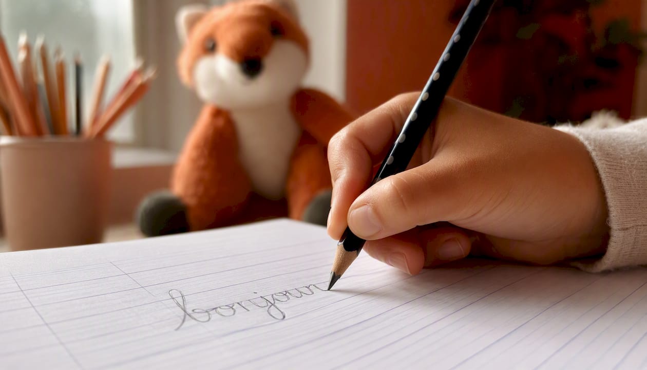 Child writing a connected French cursive word