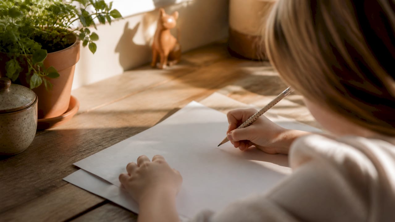 Hands tracing French cursive letters