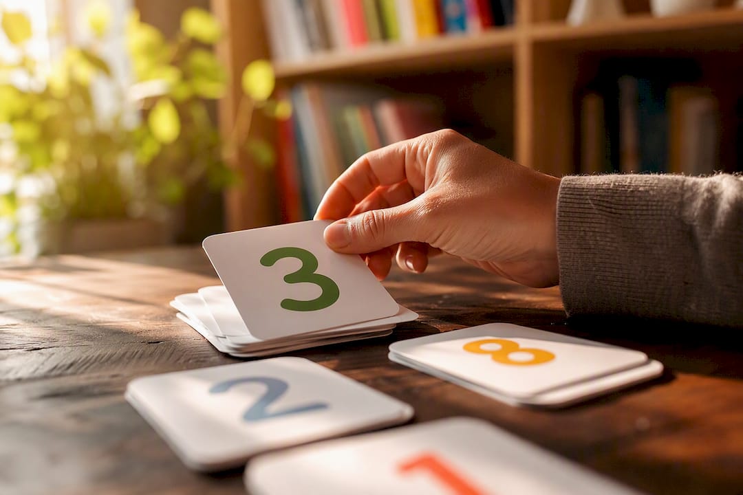 Une main qui range des cartes éducatives chez soi