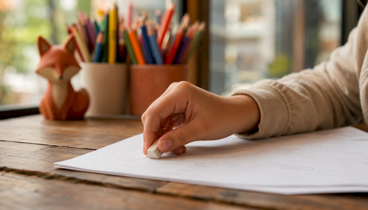 Child erasing pencil marks multiple times
