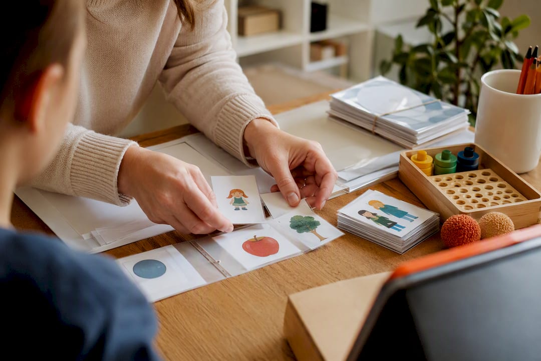 Les mains du tuteur remplacent les fiches par des supports visuels