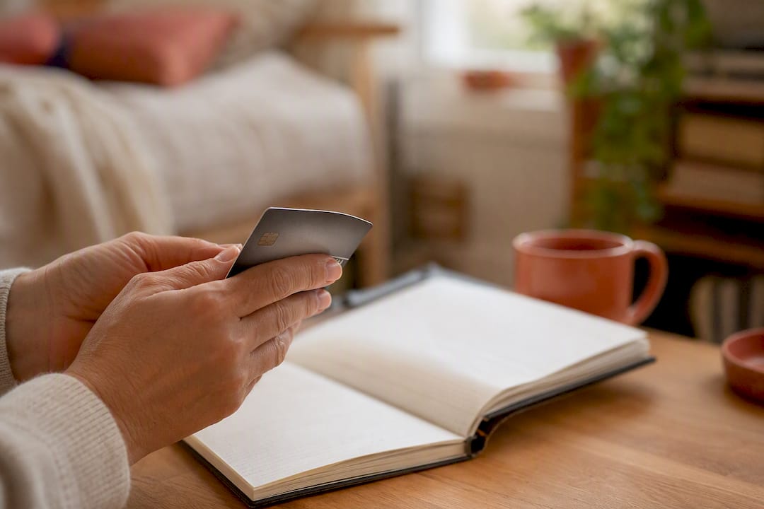 Mains tenant une carte de crédit près d'un téléphone et d'un relevé