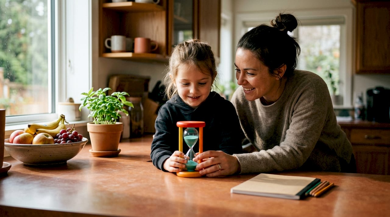 Parent setting timer to help child focus