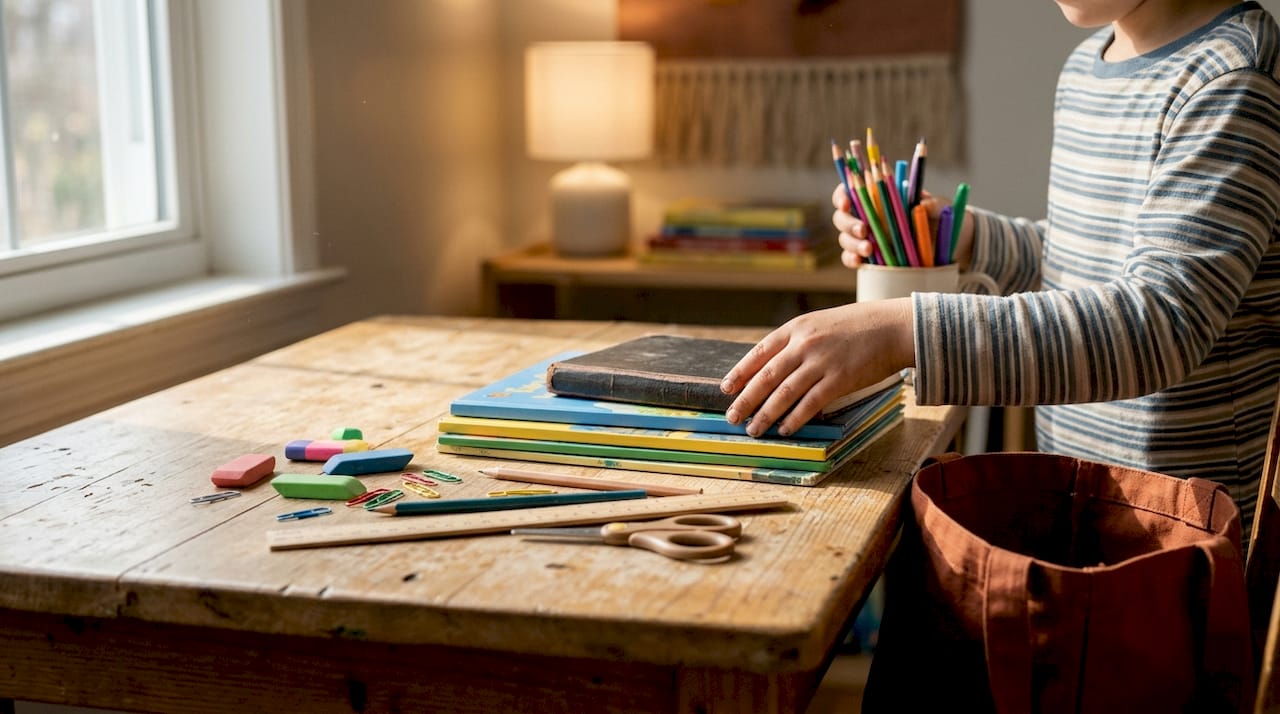 Child organizing school supplies on desk