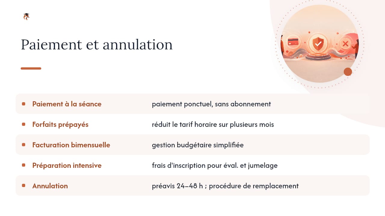Schéma des modalités de paiement et d'annulation des cours particuliers