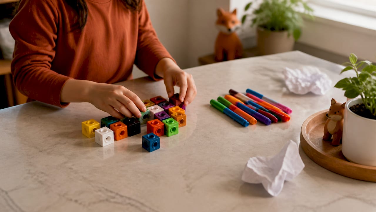 Child arranging educational supplies on wooden table
