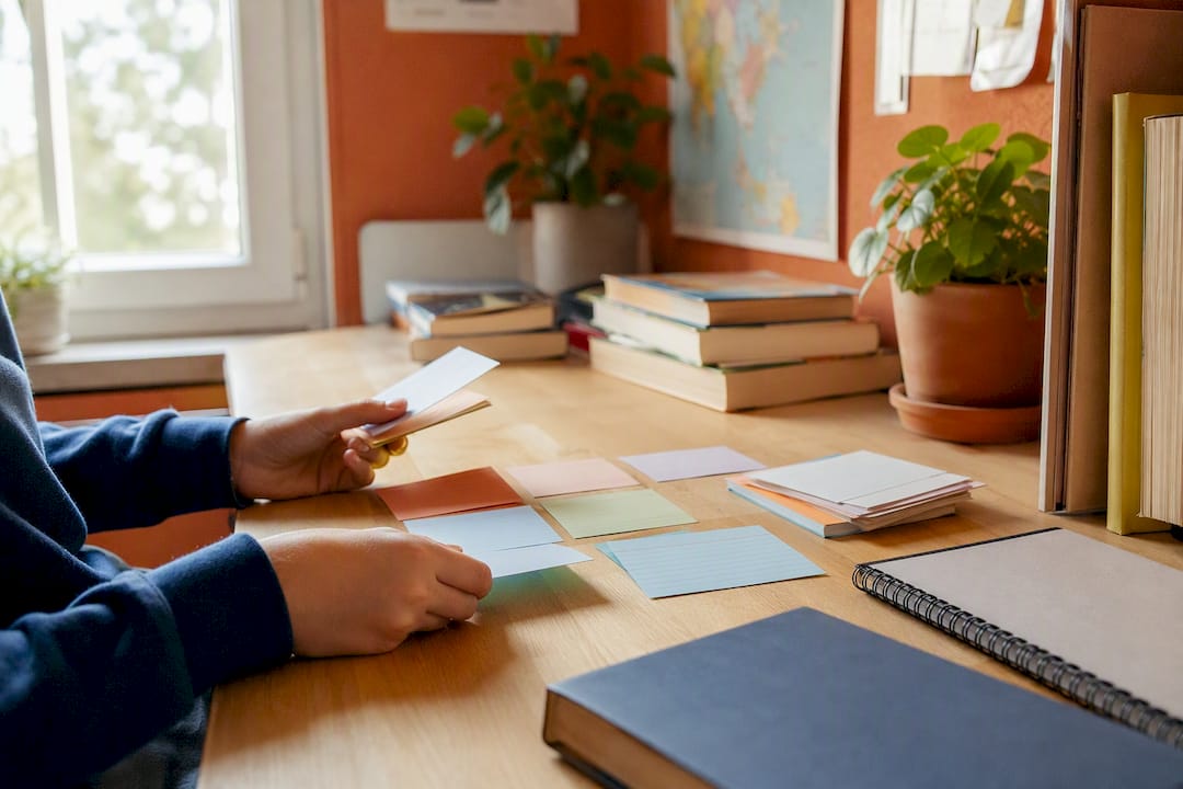Étudiant préparant ses supports de cours à son bureau à la maison