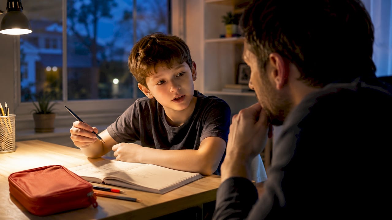 Un enfant explique ses devoirs à un adulte.