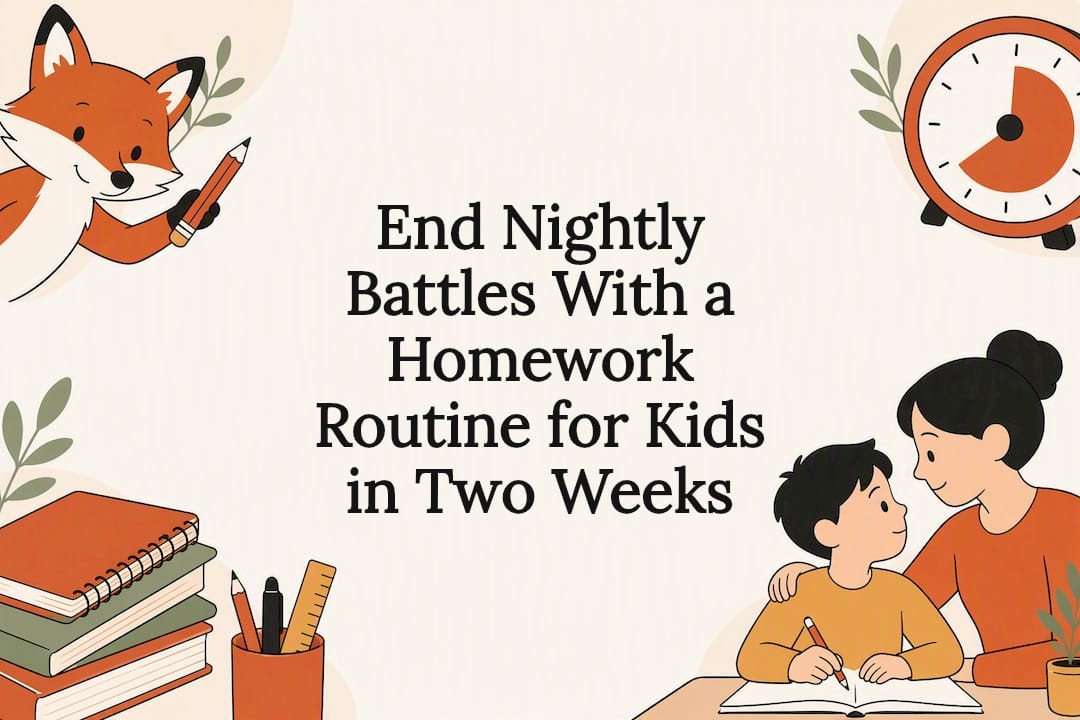 Homework routine title card with fox