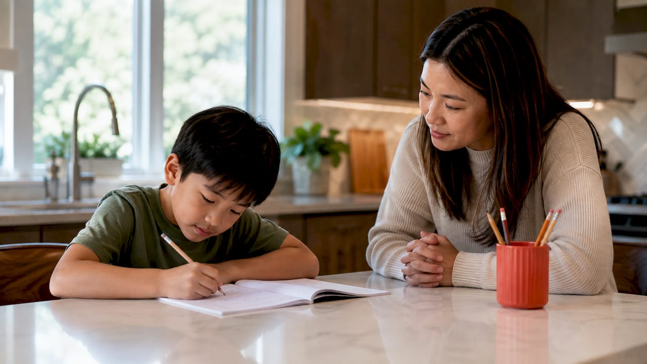 Parent listens while child attempts homework