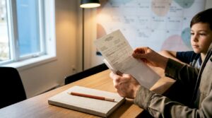 Un parent et son enfant regardant un bulletin scolaire