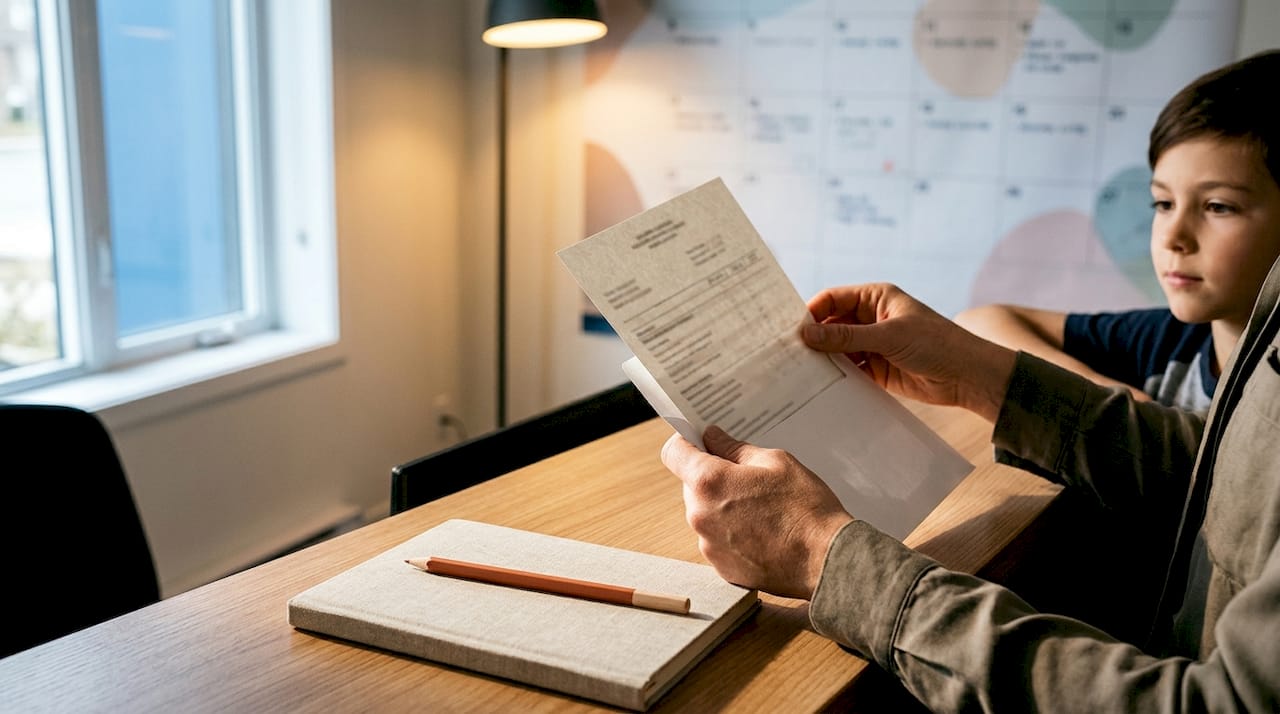 Un parent et son enfant regardant un bulletin scolaire