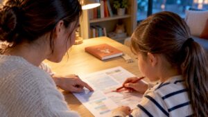Un parent et son enfant examinent un bulletin scolaire
