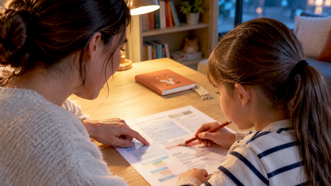 Un parent et son enfant examinent un bulletin scolaire