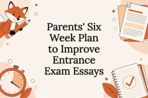 Illustrated fox surrounded by essay planning elements