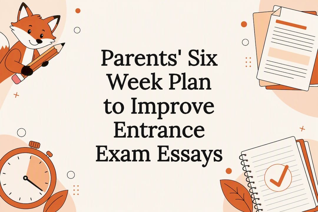 Illustrated fox surrounded by essay planning elements
