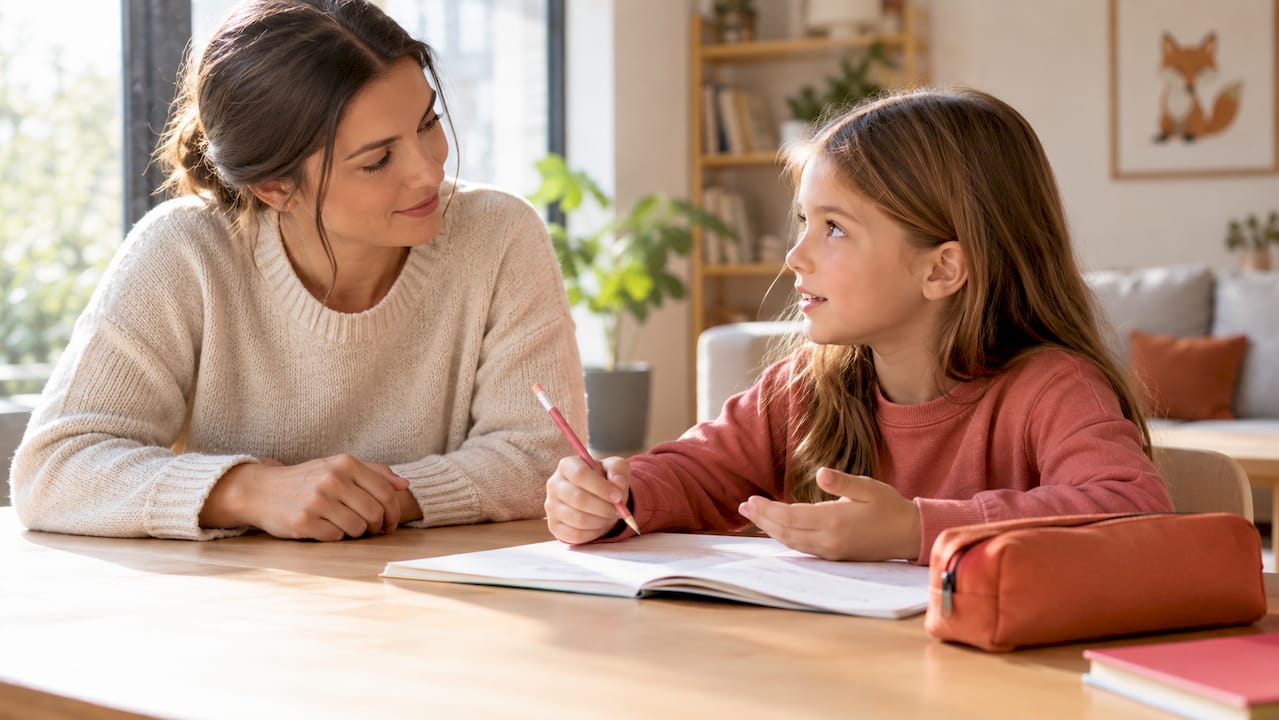 Un parent aide son enfant pendant les devoirs