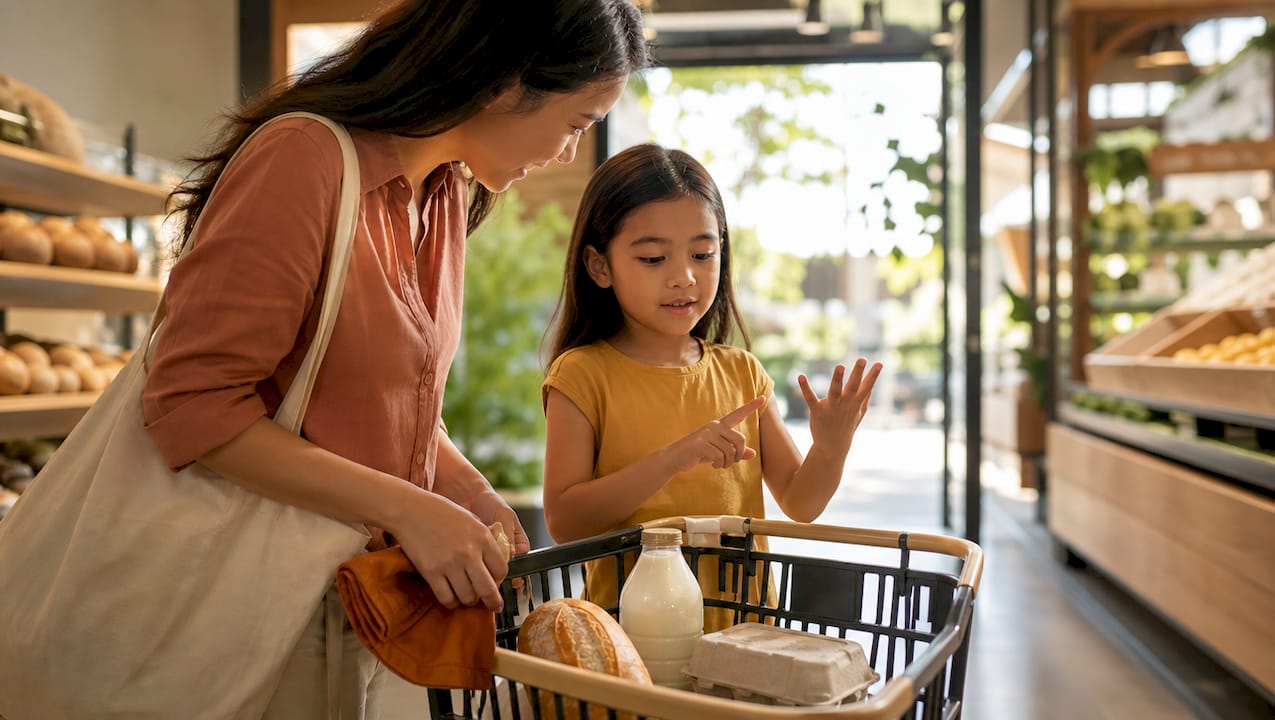 Parent and child estimating grocery total