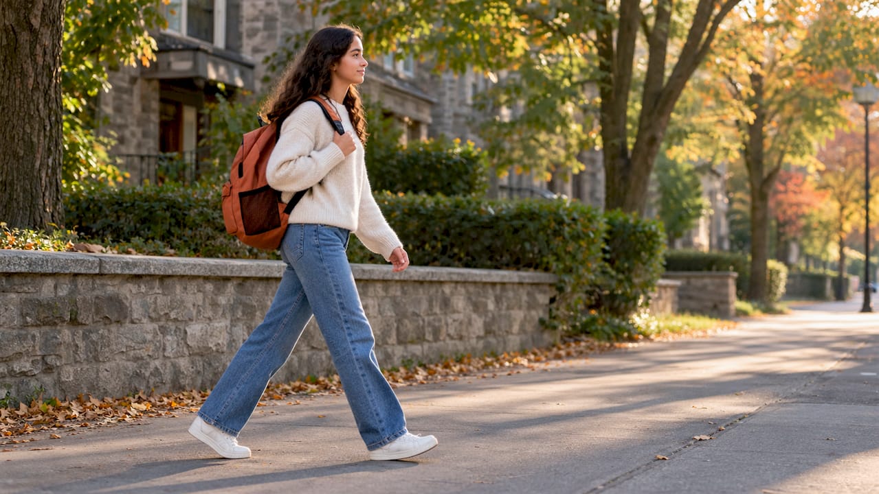 Student taking a calming walk before interview