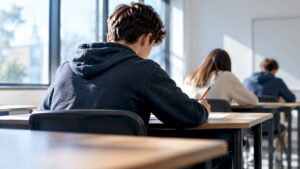 Étudiant concentré lors d'un examen d'entrée
