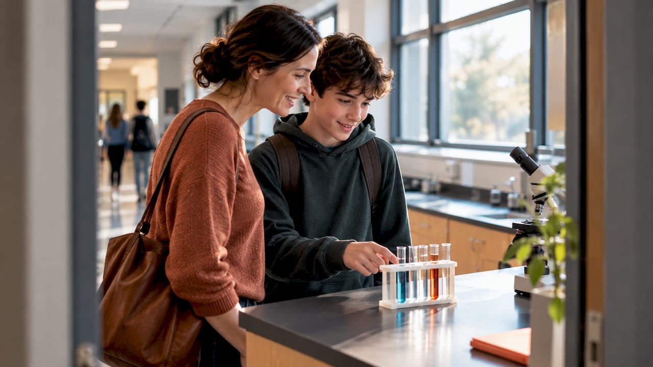 Parent et élève explorant un labo scolaire