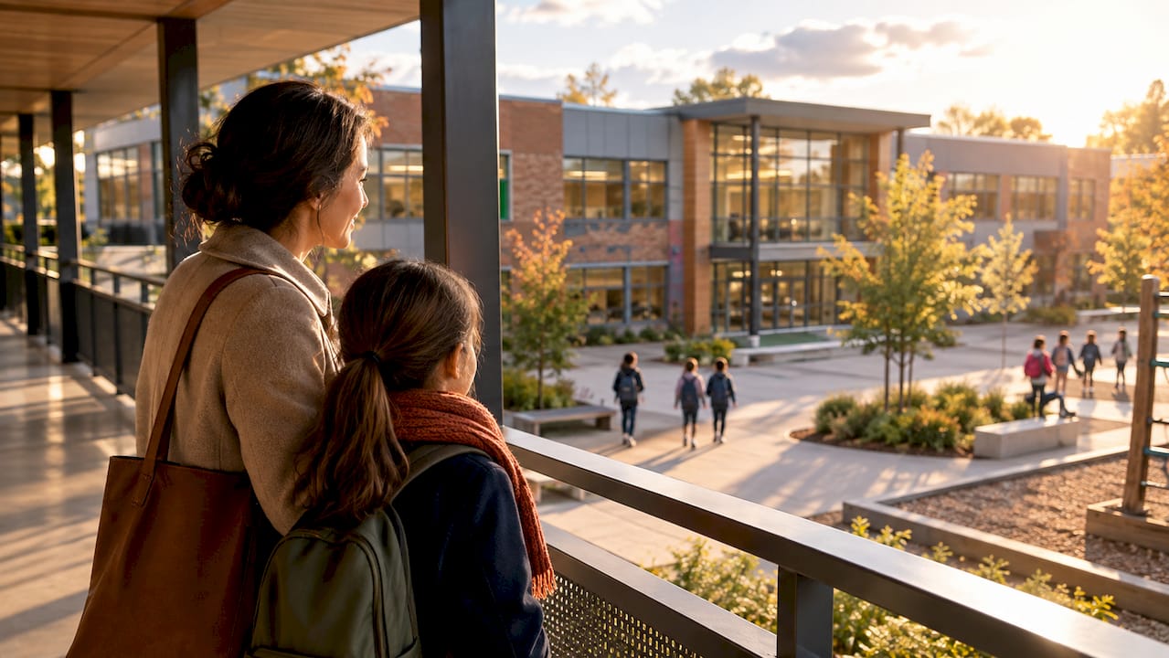 Un parent et son enfant découvrent une école au Québec