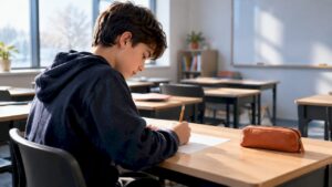 Étudiant passant un examen d’entrée scolaire