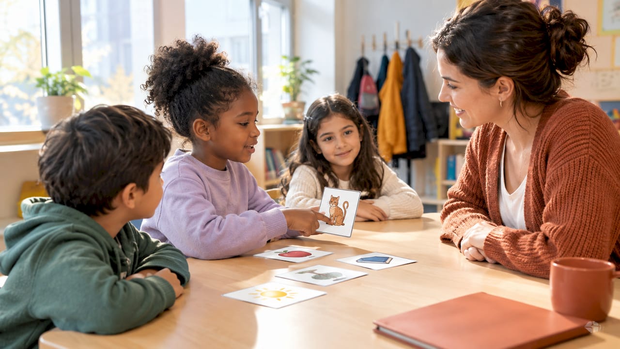 Students practicing French in welcoming classroom