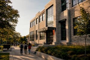 Façade d’un collège québécois au crépuscule