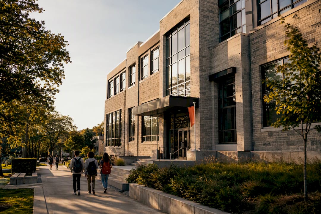 Façade d’un collège québécois au crépuscule