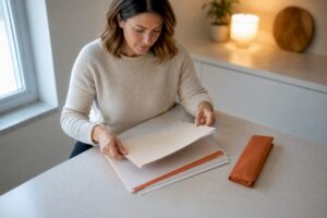 Parent préparant un dossier d'inscription scolaire