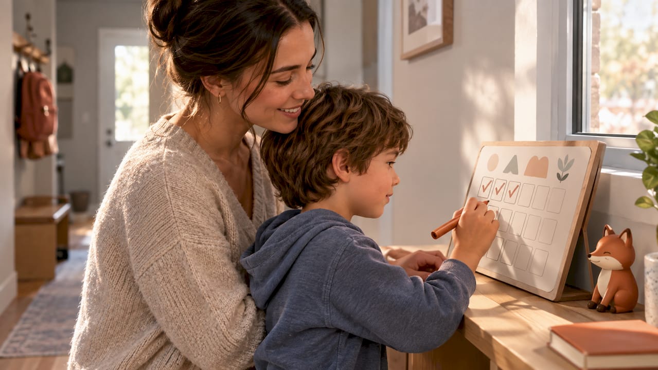 Un parent et son enfant élaborent ensemble le planning de la rentrée