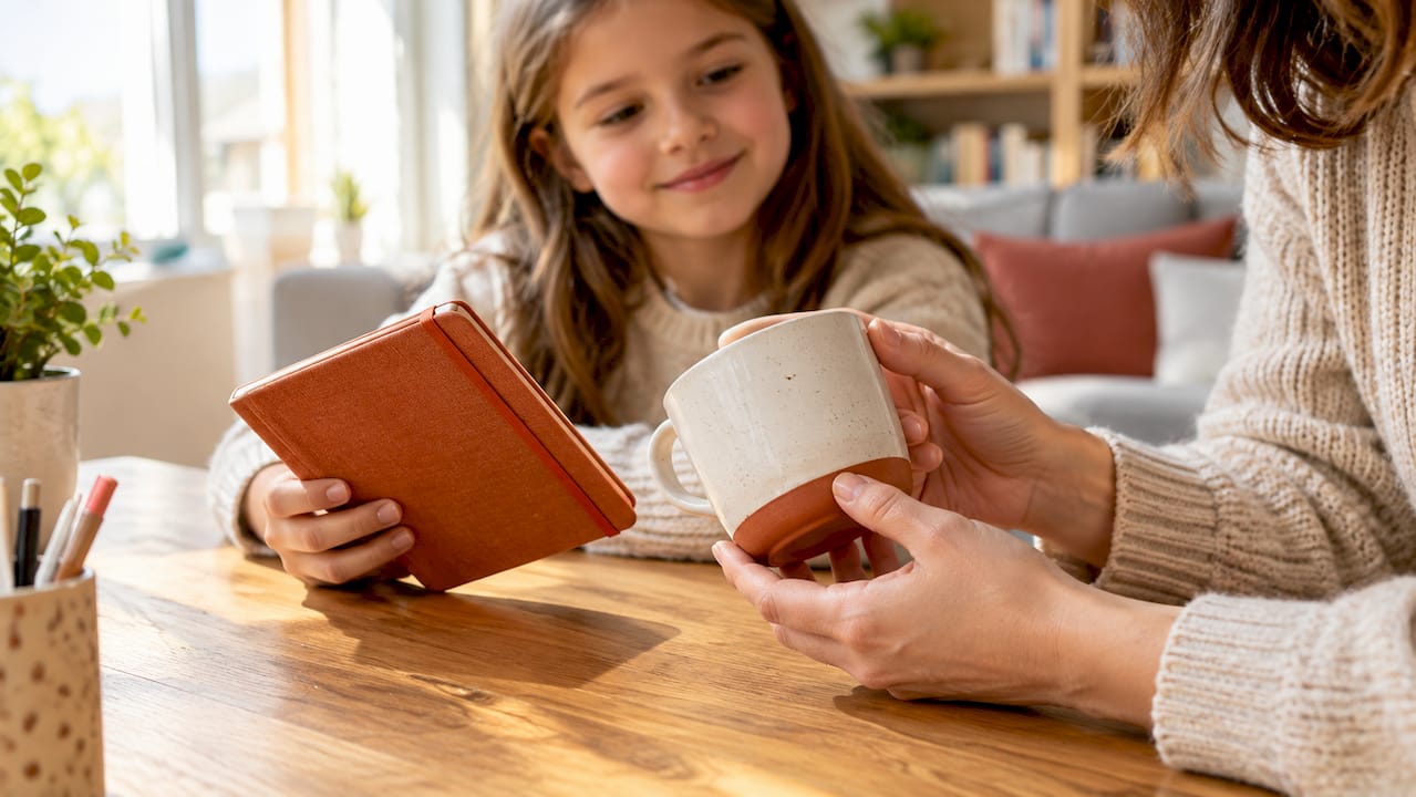 Un parent et son enfant qui sélectionnent un présent pour le professeur