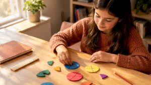 Élève manipulant des morceaux de fractions