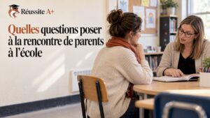 Un parent discutant avec une enseignante à l'école