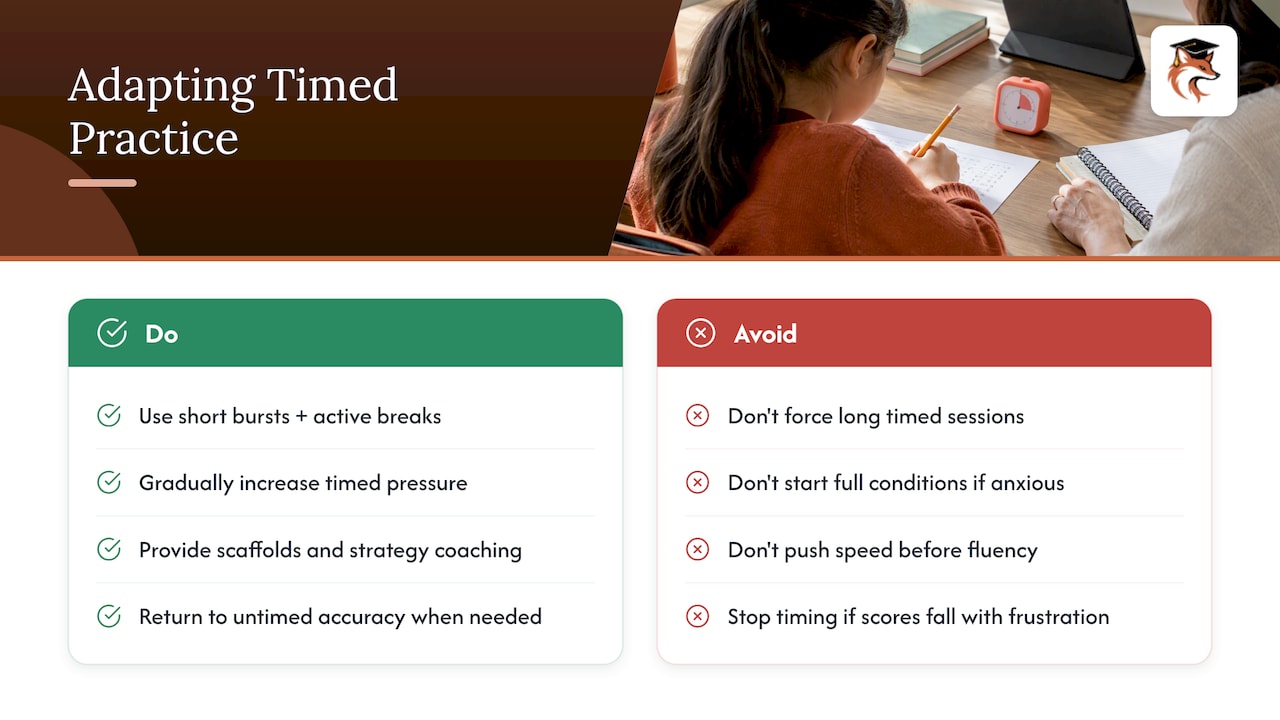 Timed practice adjustments for different learning needs