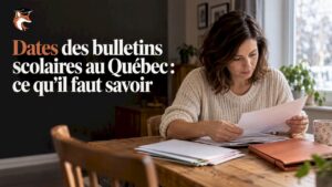 Bulletins scolaires rangés dans un classeur terracotta
