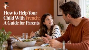 Parent and child chatting over dinner
